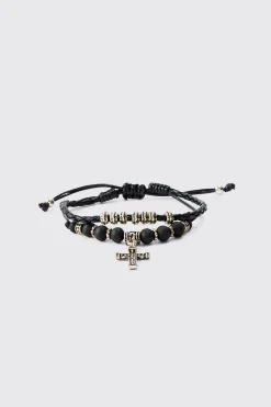 boohooMAN 2 Pack Adjustable Cross Pendant Bracelets In | UK| Jewellery & Watches