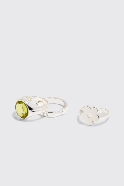 boohooMAN 3 Pack Gem And Graphic Rings In | UK| Jewellery & Watches