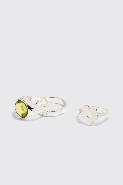 boohooMAN 3 Pack Gem And Graphic Rings In | UK| Jewellery & Watches