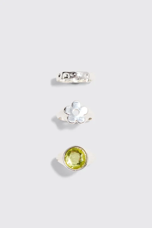 boohooMAN 3 Pack Gem And Graphic Rings In | UK| Jewellery & Watches