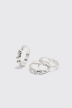 boohooMAN 3 Pack Melted Effect Rings In | UK| Jewellery & Watches
