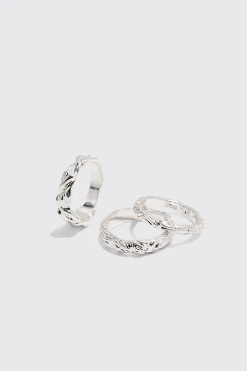 boohooMAN 3 Pack Melted Effect Rings In | UK| Jewellery & Watches