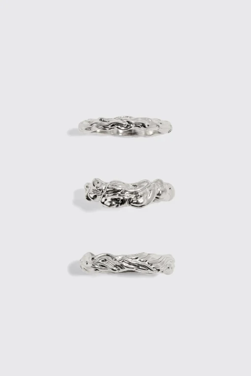 boohooMAN 3 Pack Melted Effect Rings In | UK| Jewellery & Watches