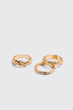 boohooMAN 3 Pack Melted Effect Rings In | UK| Jewellery & Watches