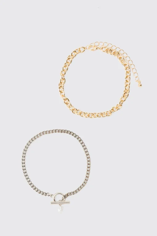 boohooMAN 2 Pack Mixed Metal Pearl Pendant Bracelets | UK| Jewellery & Watches