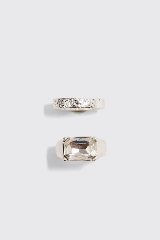boohooMAN 2 Pack Mixed Stone Signet Rings In | UK| Jewellery & Watches