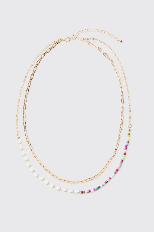 boohooMAN 2 Pack Multi Beaded Pearl Necklaces In | UK| Jewellery & Watches