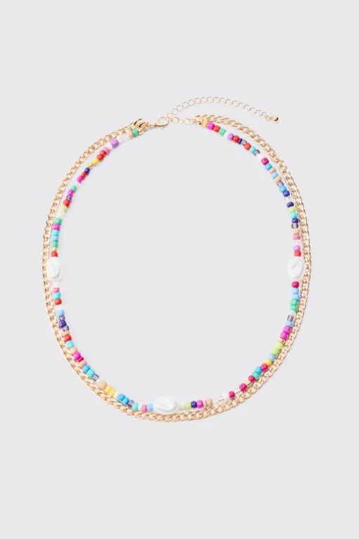 boohooMAN 2 Pack Multi Beaded Pearl Necklaces In | UK| Jewellery & Watches