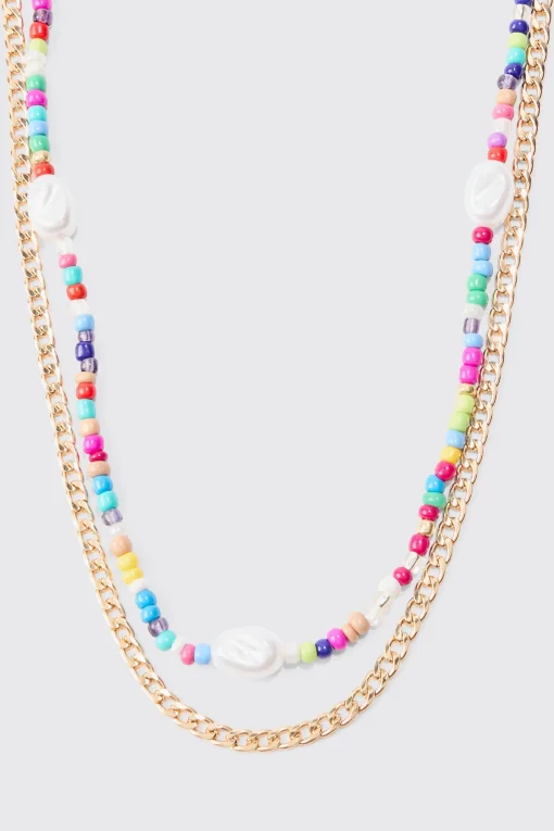 boohooMAN 2 Pack Multi Beaded Pearl Necklaces In | UK| Jewellery & Watches