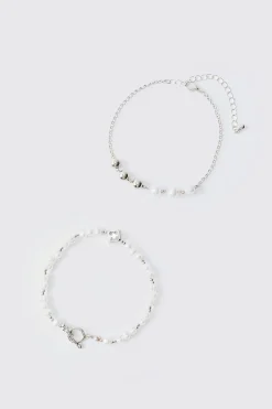 boohooMAN 2 Pack Pearl And Dice Pendant Bracelets | UK| Jewellery & Watches