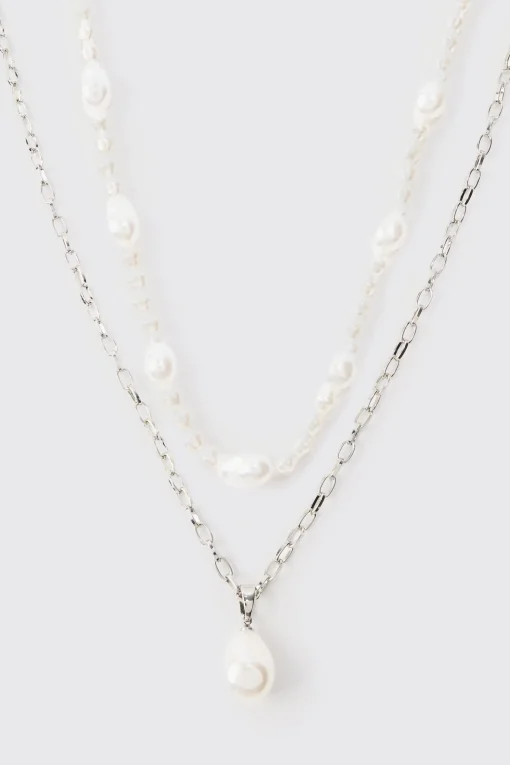boohooMAN 2 Pack Pearl Pendant Necklace In | UK| Jewellery & Watches