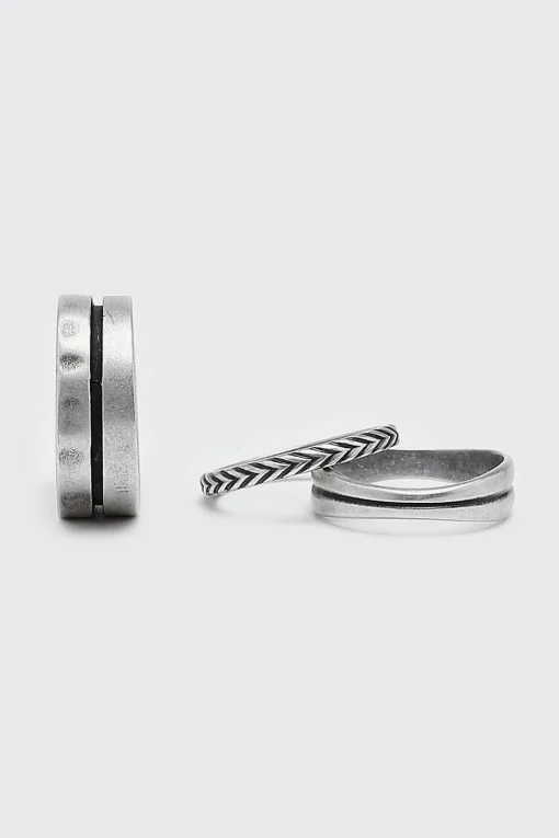 boohooMAN 3 Pack Silver Ring Set With Stripe Detail | UK| Jewellery & Watches