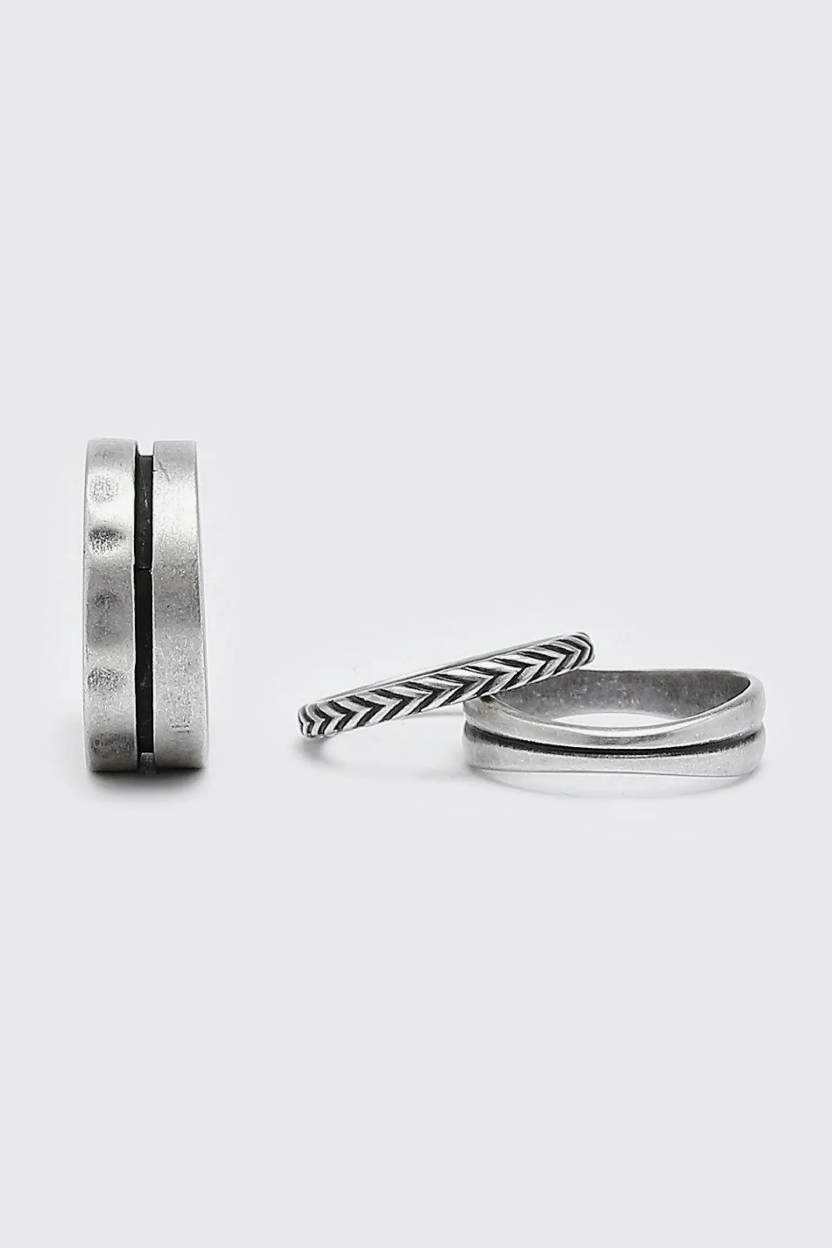 boohooMAN 3 Pack Silver Ring Set With Stripe Detail | UK| Jewellery & Watches