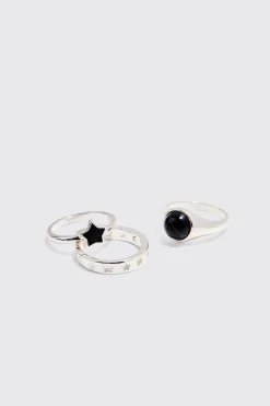 boohooMAN 3 Pack Star Graphic Rings In | UK| Jewellery & Watches