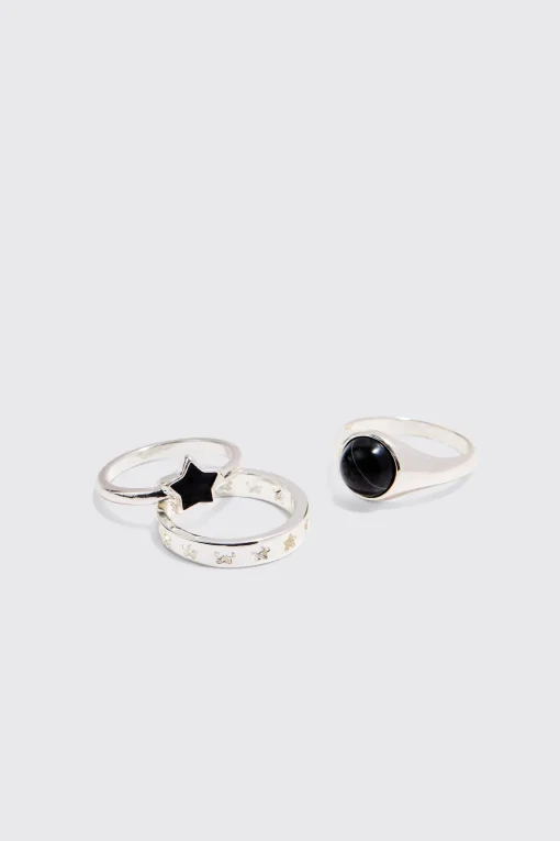 boohooMAN 3 Pack Star Graphic Rings In | UK| Jewellery & Watches