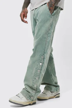 boohooMAN Acid Wash Relaxed Fit Popper Corduroy Trousers | UK| Trousers