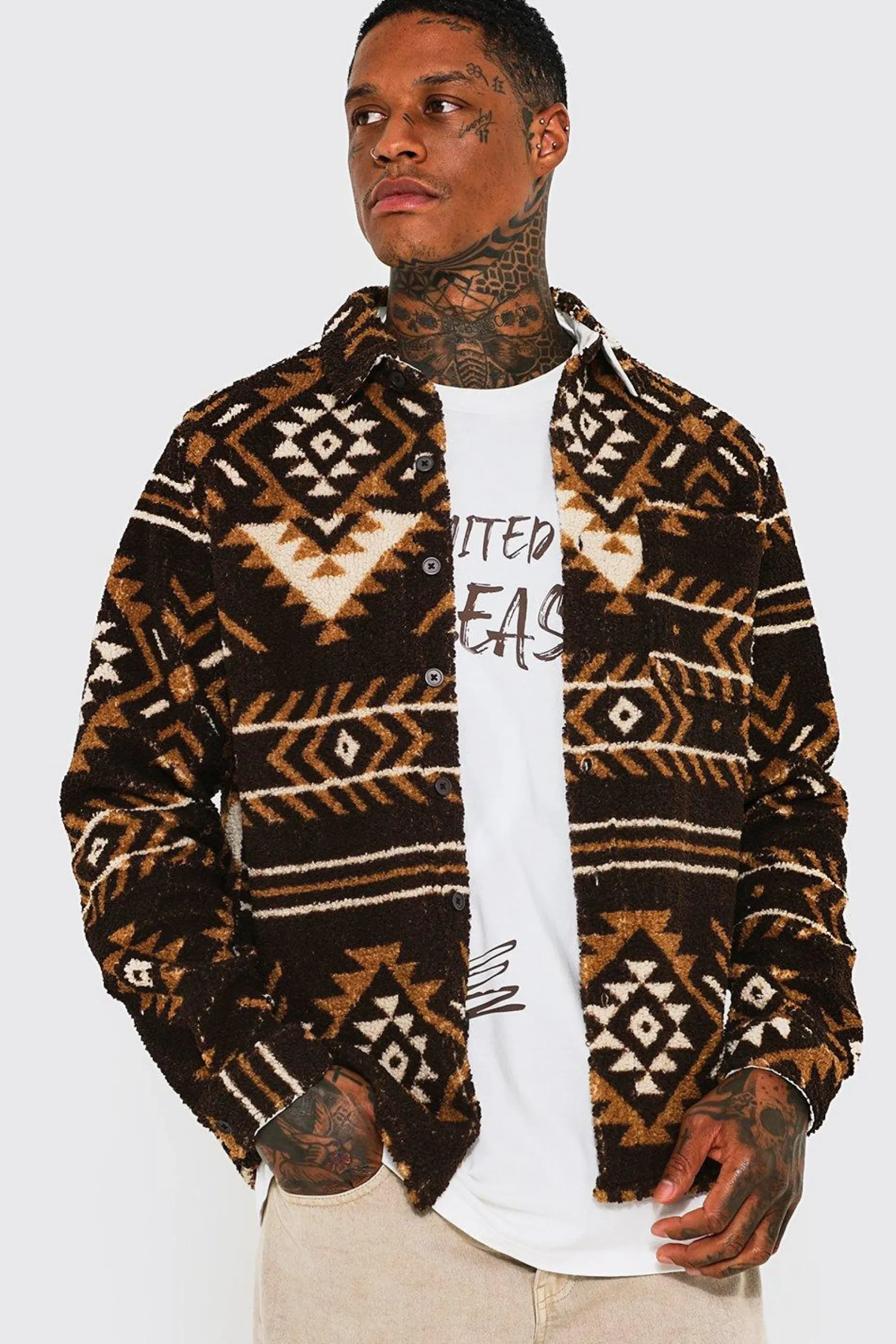 boohooMAN Aztec Print Borg Overshirt | UK| Shirts