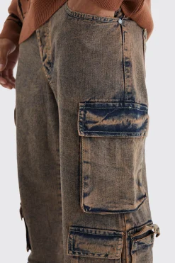 boohooMAN Baggy Fit Acid Wash Cargo Jeans | UK| Jeans