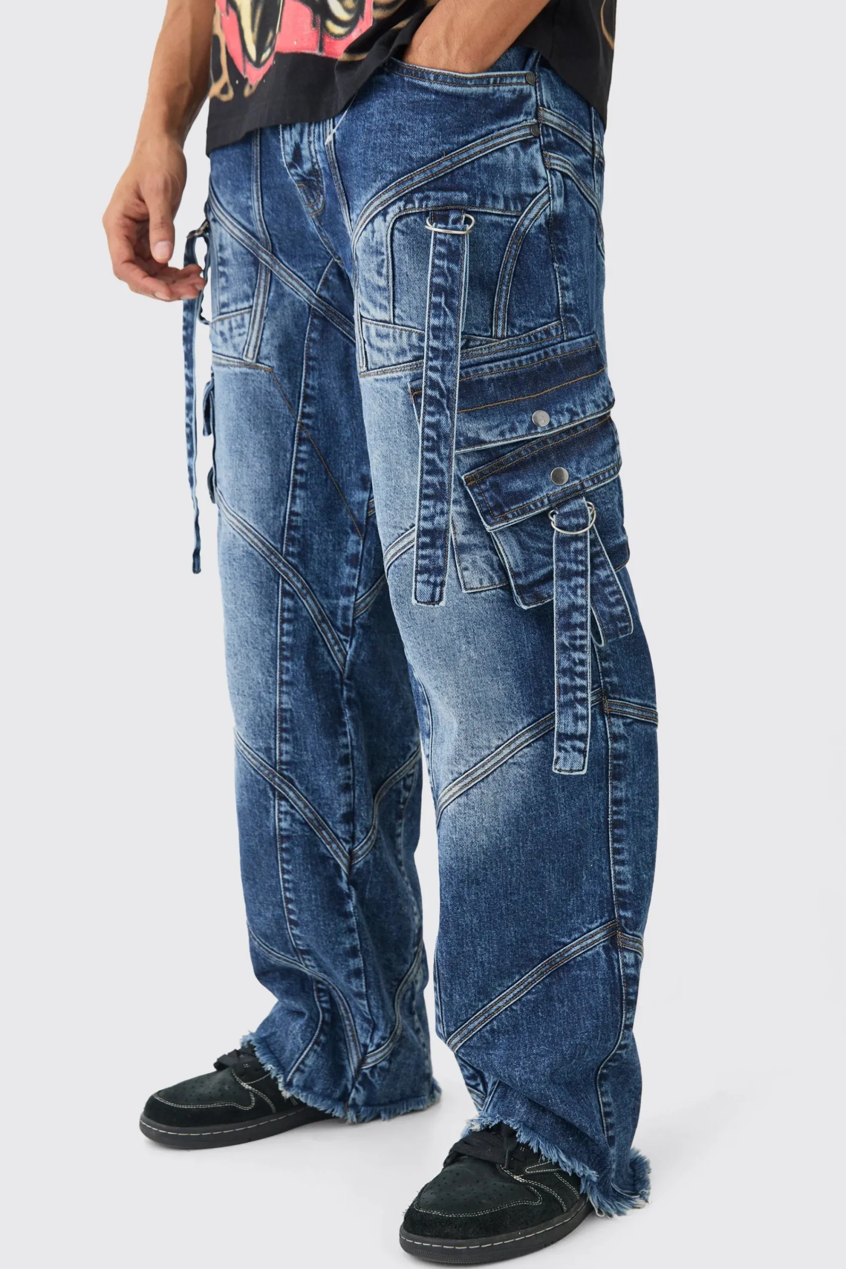 boohooMAN Baggy Rigid Strap And Buckle Detail Jeans In | UK| Trousers|Jeans