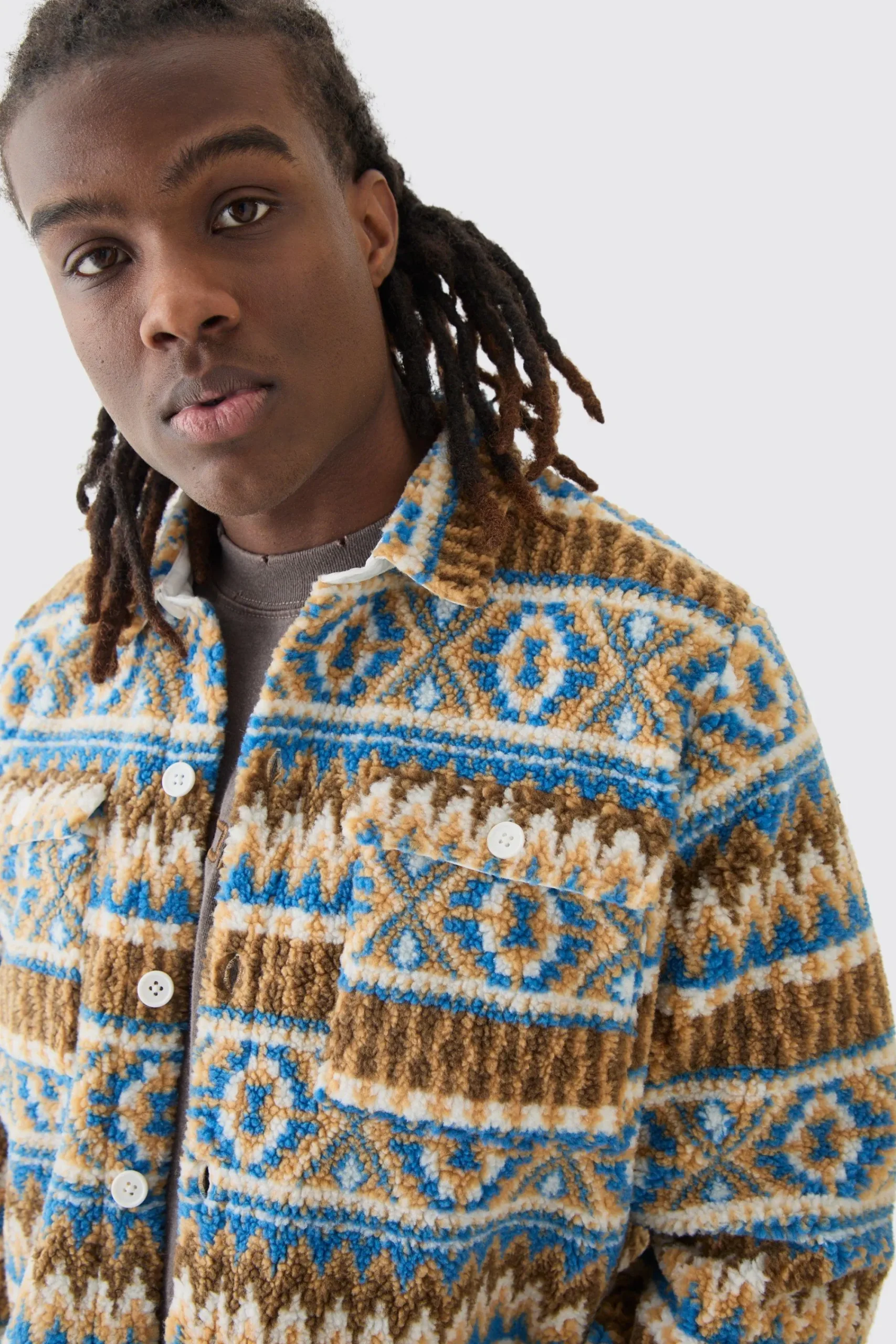 boohooMAN Borg Patch Pocket Stripe Aztec Overshirt | UK| Shirts