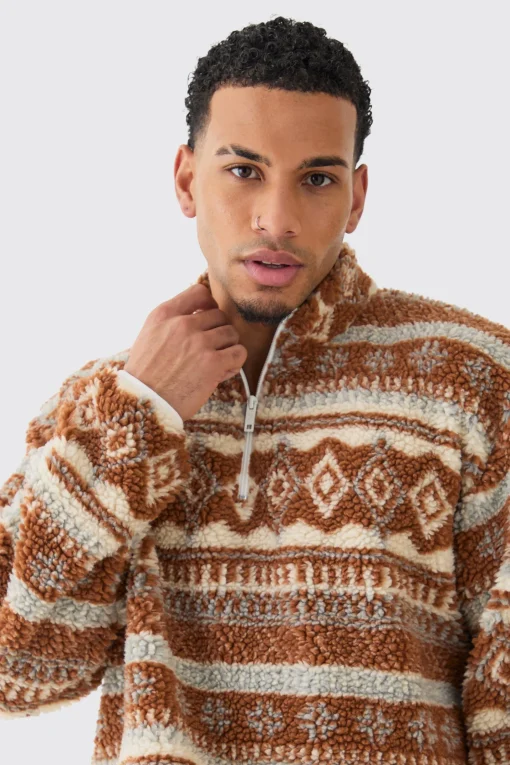 boohooMAN Borg Quarter Zip Aztec Shirt | UK| Shirts