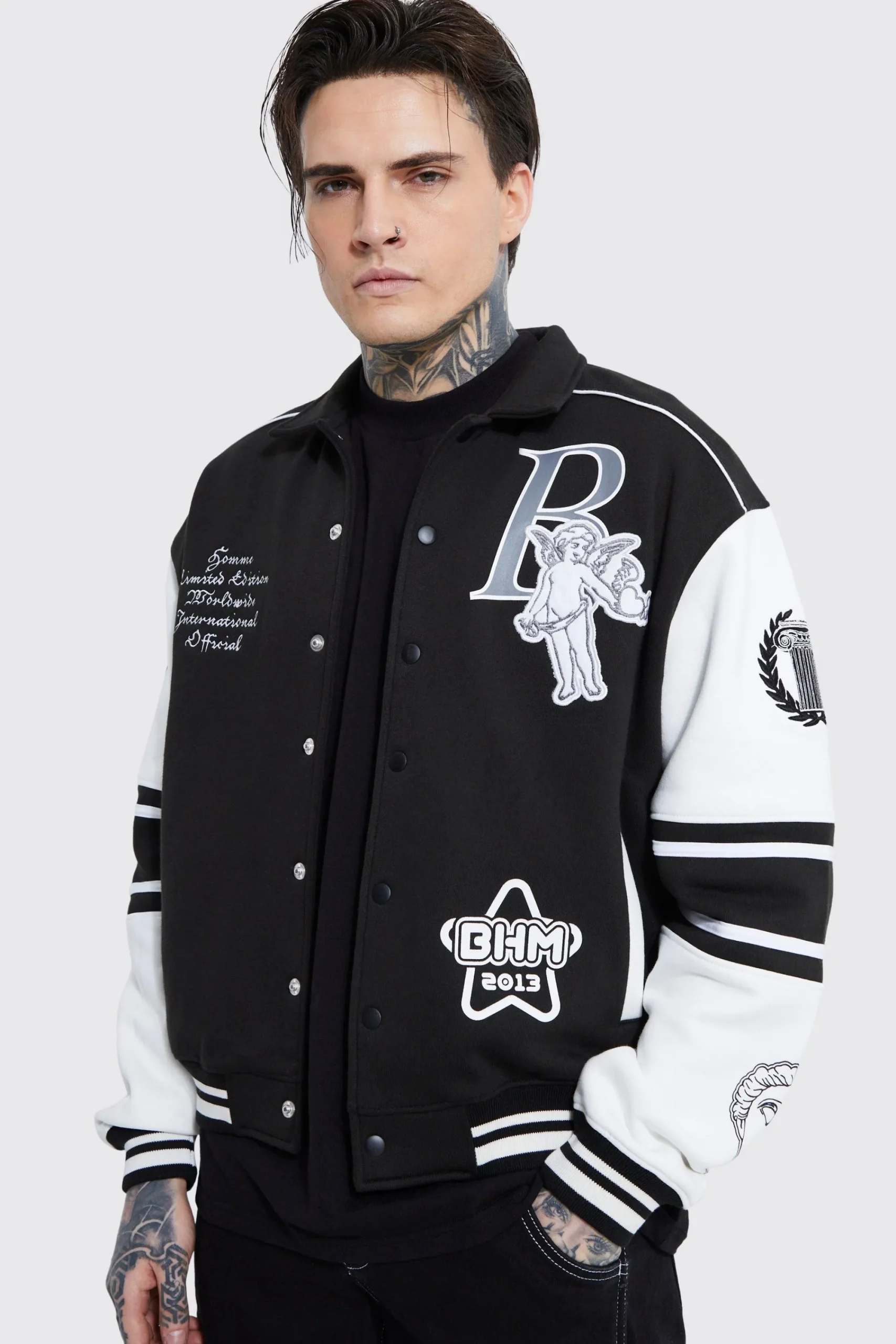 boohooMAN Boxy 13 Applique Jersey Varsity Harrington Jacket | UK| Coats & Jackets|Hoodies & Sweatshirts