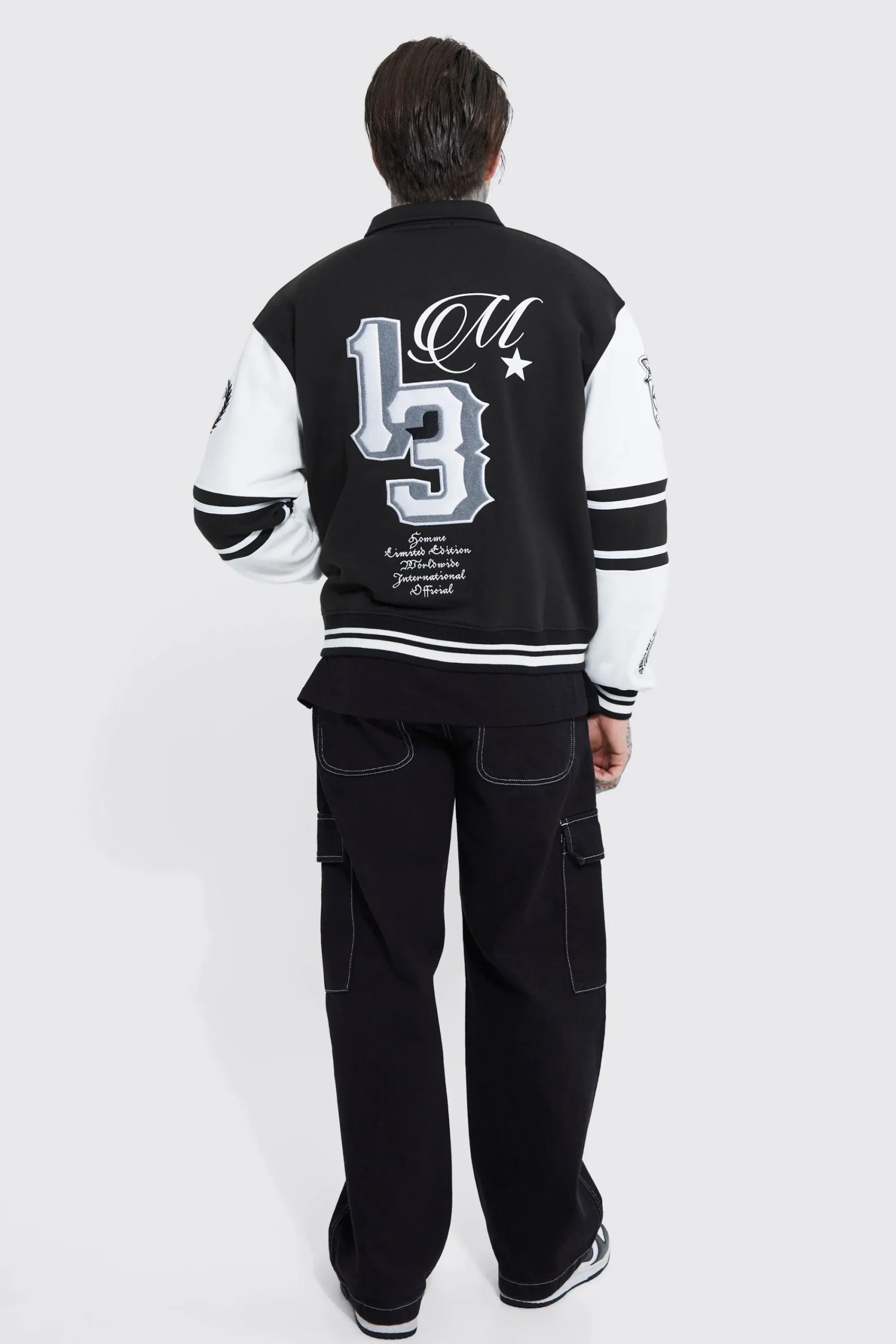 boohooMAN Boxy 13 Applique Jersey Varsity Harrington Jacket | UK| Coats & Jackets|Hoodies & Sweatshirts