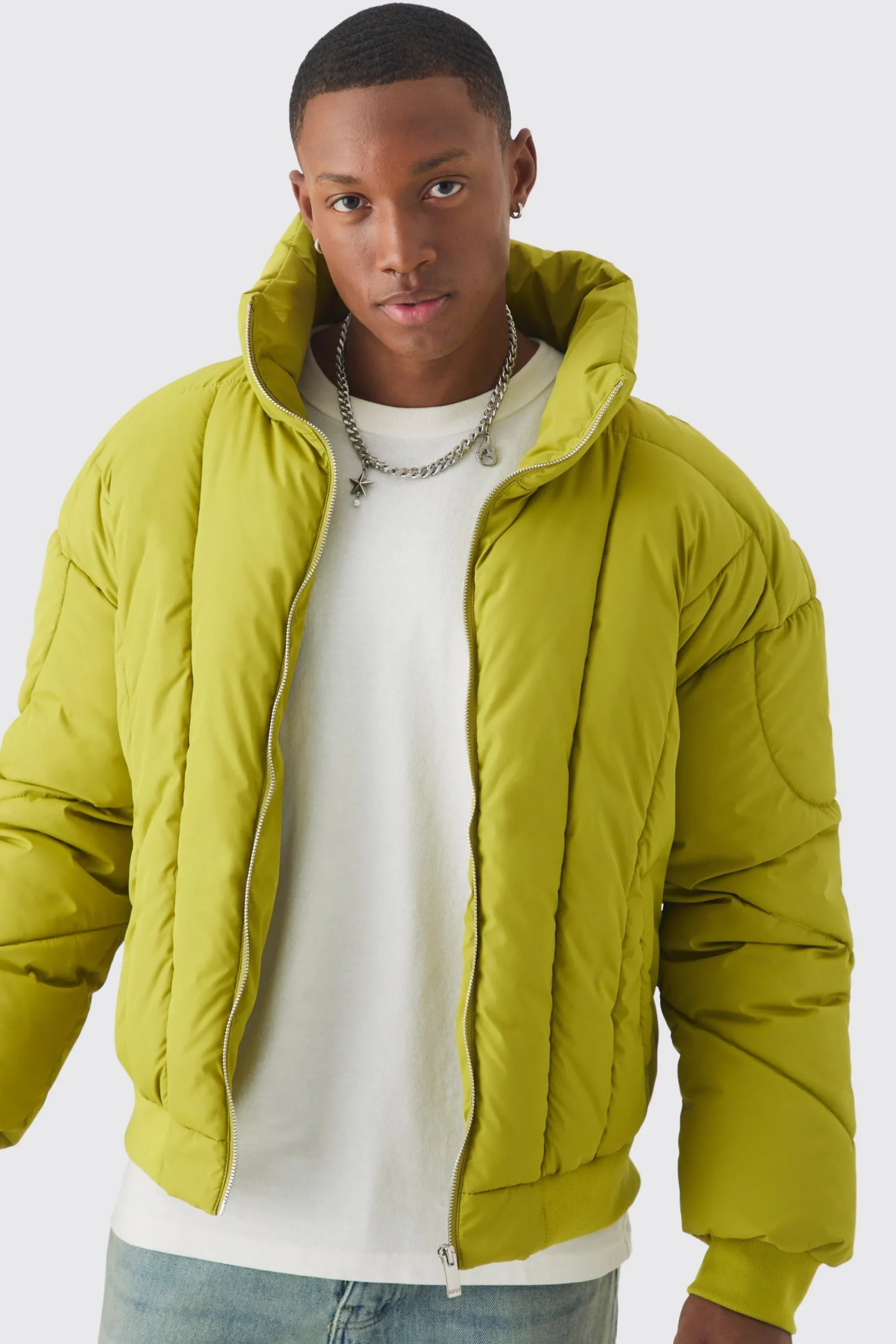 boohooMAN Boxy Abstract Quilted Funnel Neck Puffer In | UK| Coats & Jackets