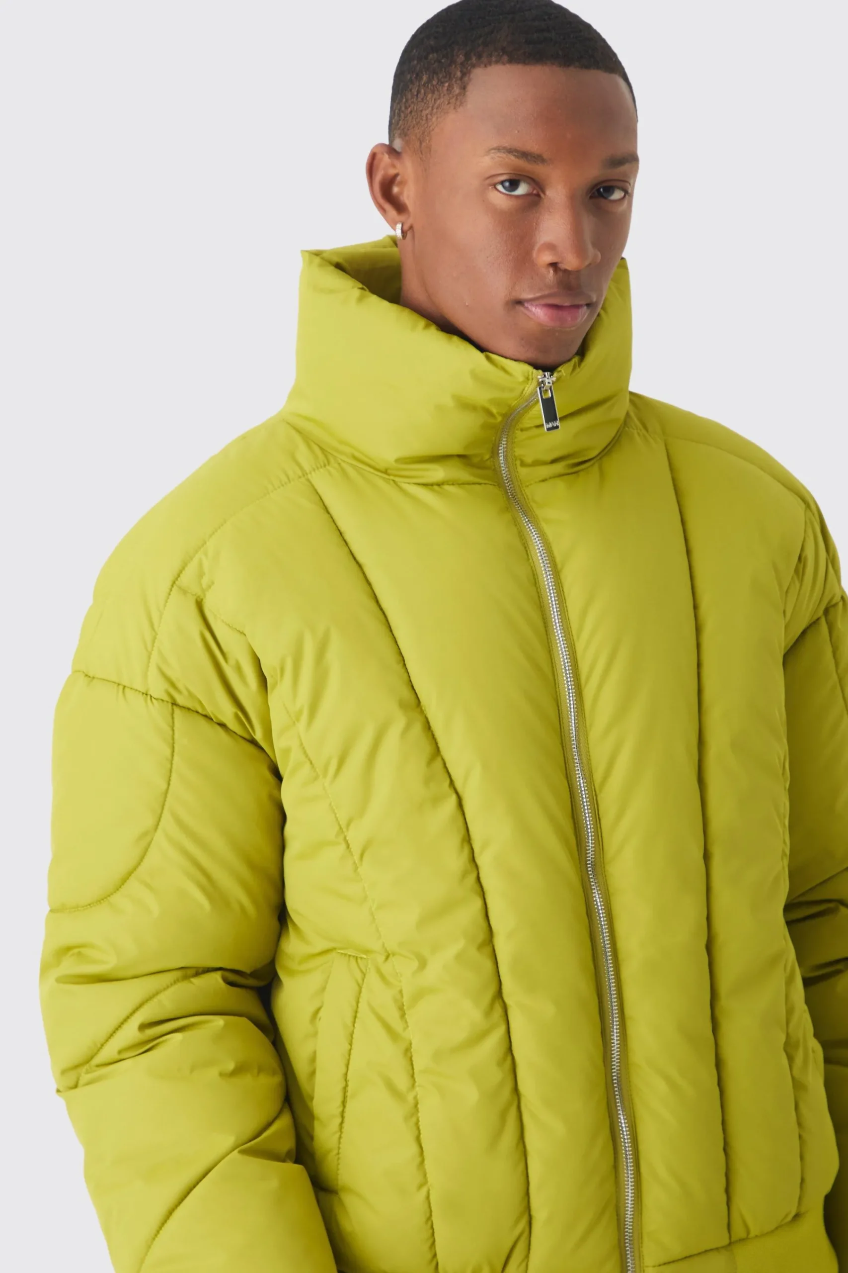 boohooMAN Boxy Abstract Quilted Funnel Neck Puffer In | UK| Coats & Jackets