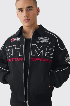 boohooMAN Boxy Badge Twill Moto Jacket In | UK| Coats & Jackets