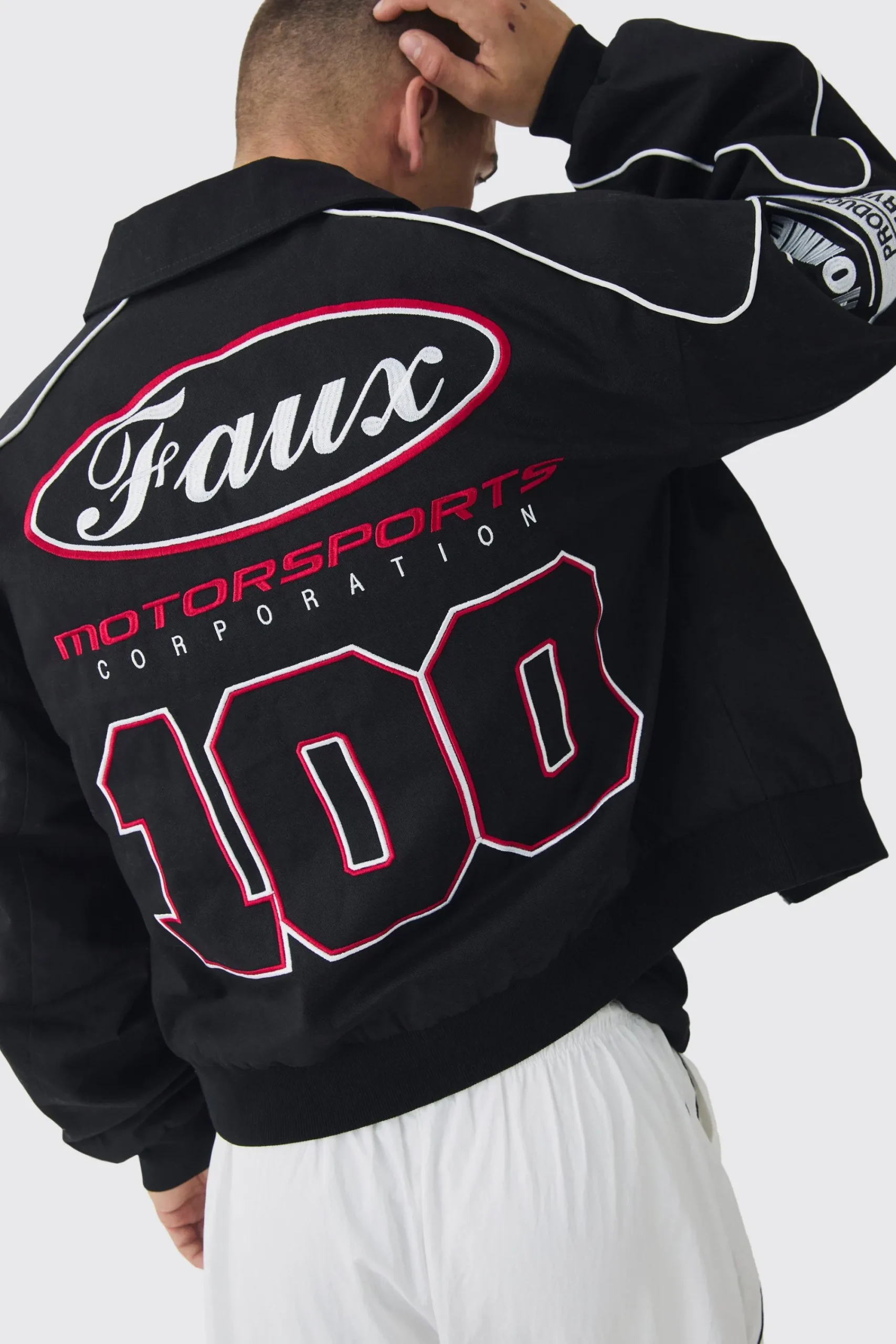 boohooMAN Boxy Badge Twill Moto Jacket In | UK| Coats & Jackets