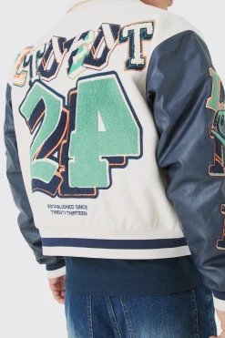 boohooMAN Boxy BM Badge Collared Varsity Jacket In | UK| Coats & Jackets