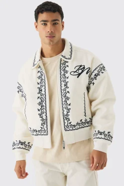 boohooMAN Boxy Bm Embroidered Collared Bomber Jacket In | UK| Coats & Jackets