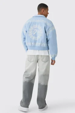 boohooMAN Boxy Bm Embroidered Collared Bomber Jacket In Blue | UK| Coats & Jackets