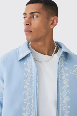 boohooMAN Boxy Bm Embroidered Collared Bomber Jacket In Blue | UK| Coats & Jackets