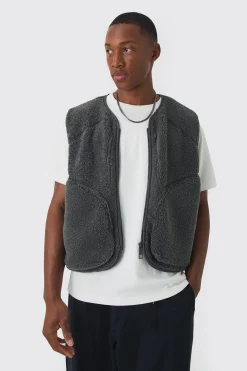 boohooMAN Boxy Borg Pocket Detail Gilet In | UK| Coats & Jackets