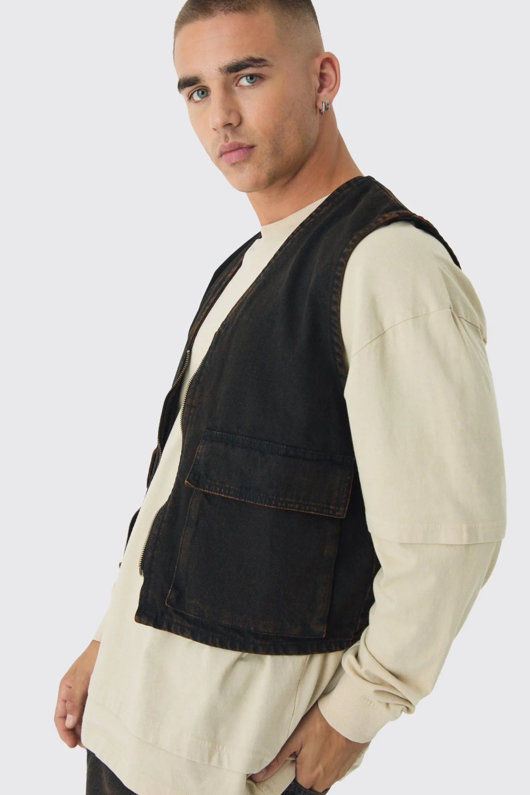 boohooMAN Boxy Tinted Denim Utility Vest | UK| Sets & Co-Ords|Coats & Jackets