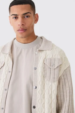 boohooMAN Boxy Cable Knitted Harrington Jacket | UK| Coats & Jackets