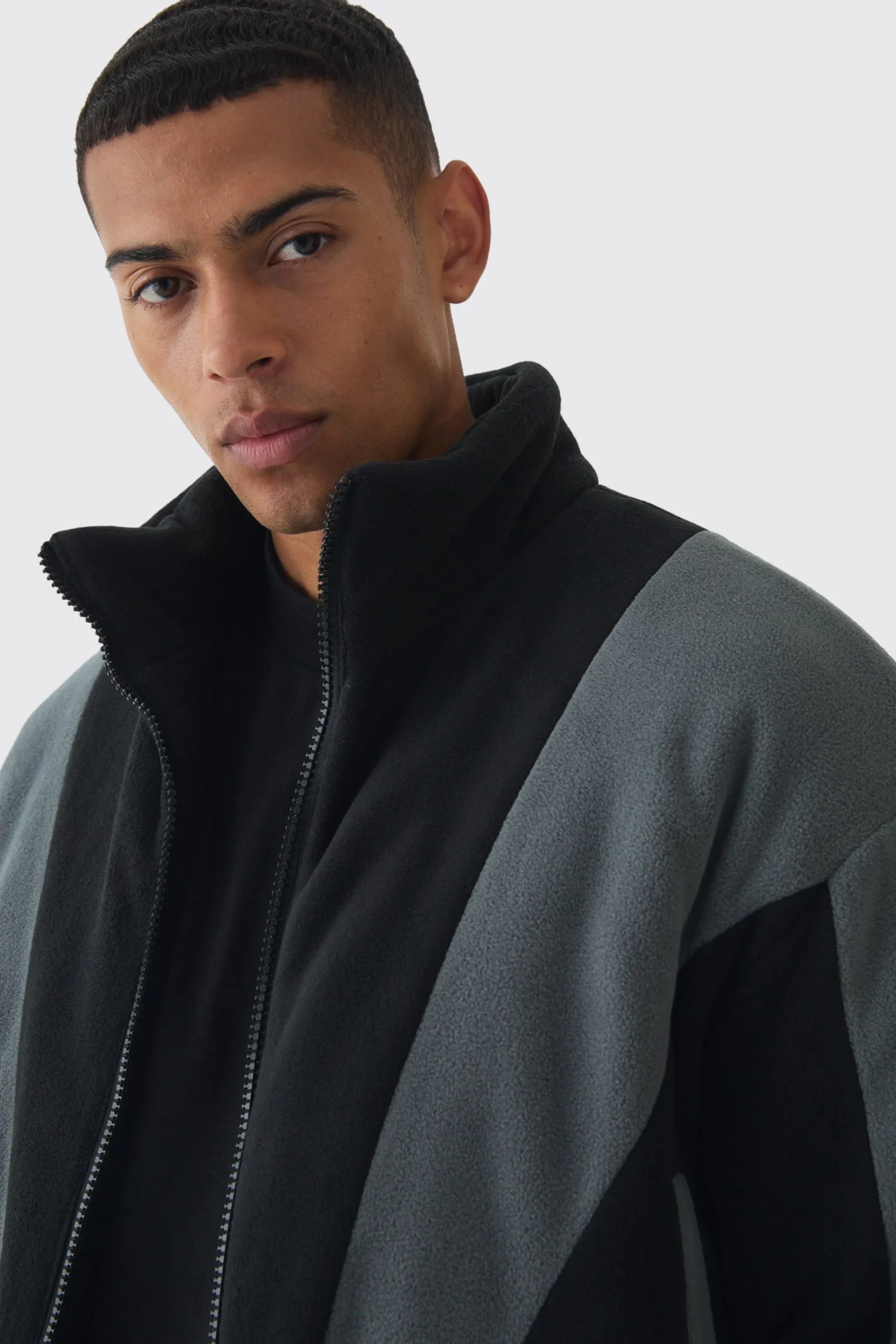 boohooMAN Boxy Colour Block Funnel Neck Fleece Jacket In | UK| Coats & Jackets