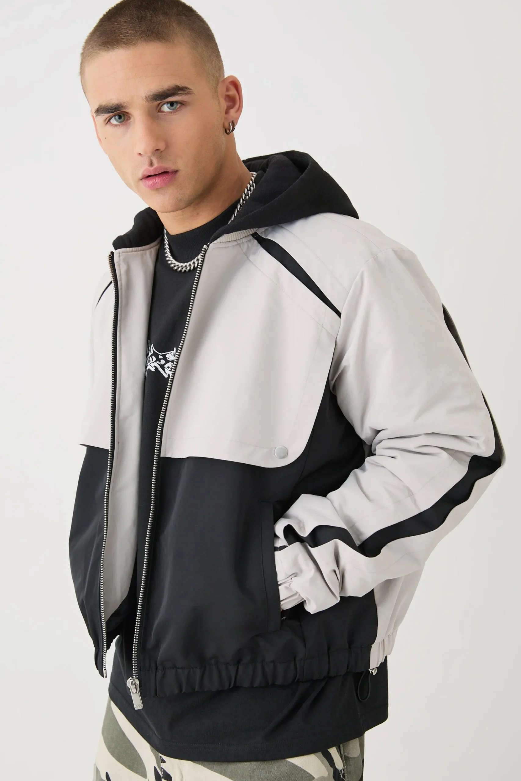boohooMAN Boxy Colour Block Panel Hooded Bomber In | UK| Coats & Jackets