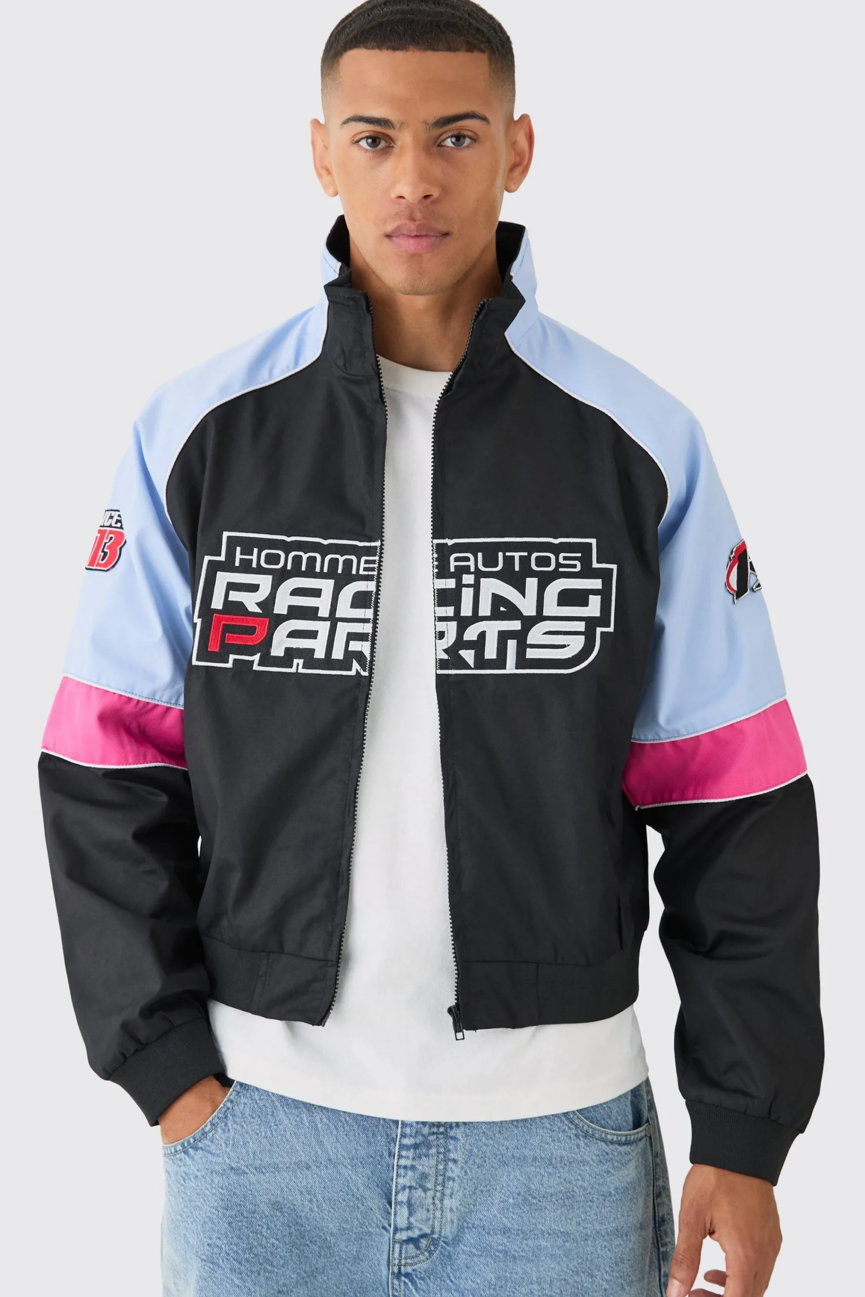 boohooMAN Boxy Colour Block Twill Moto Bomber Jacket In | UK| Coats & Jackets