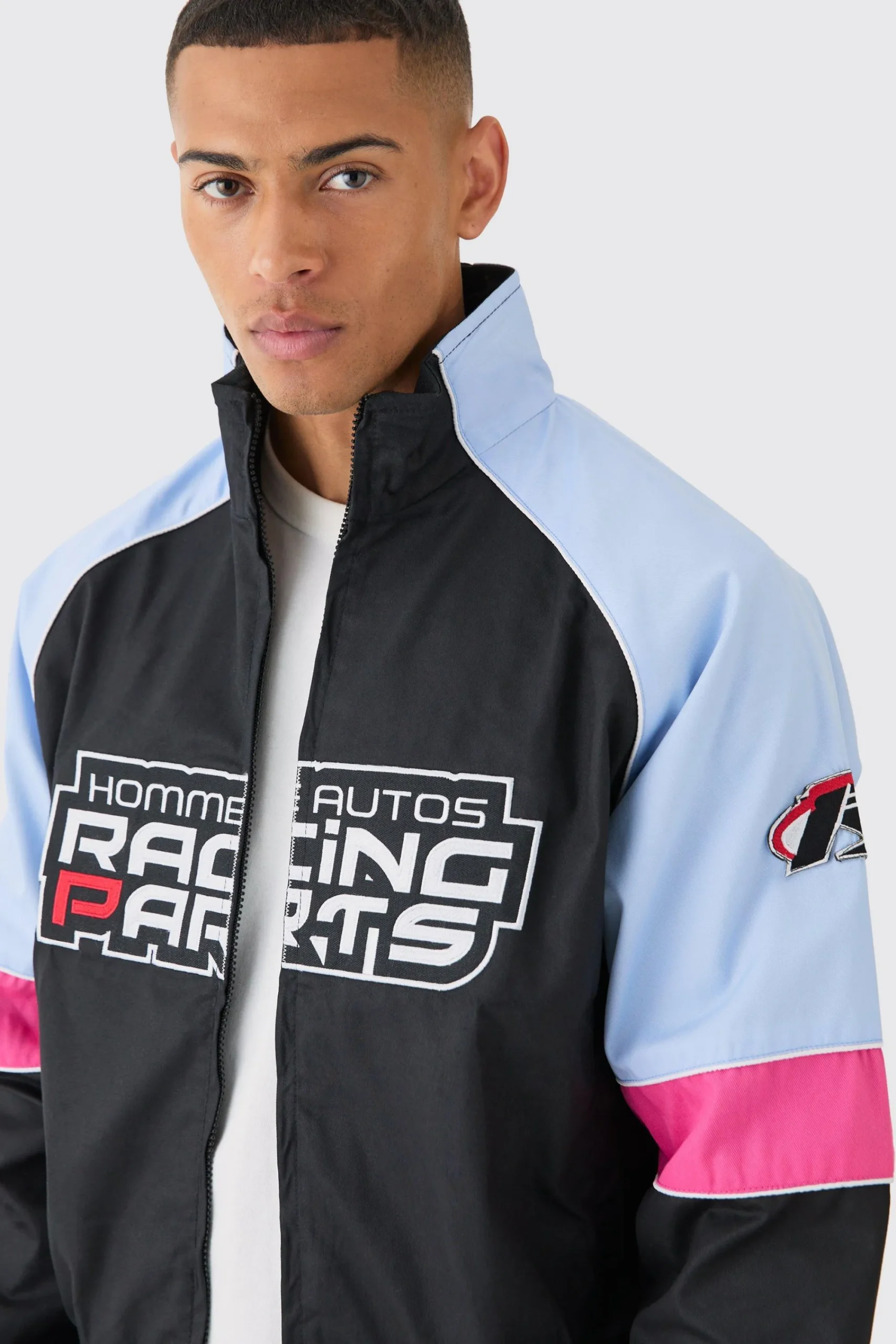 boohooMAN Boxy Colour Block Twill Moto Bomber Jacket In | UK| Coats & Jackets