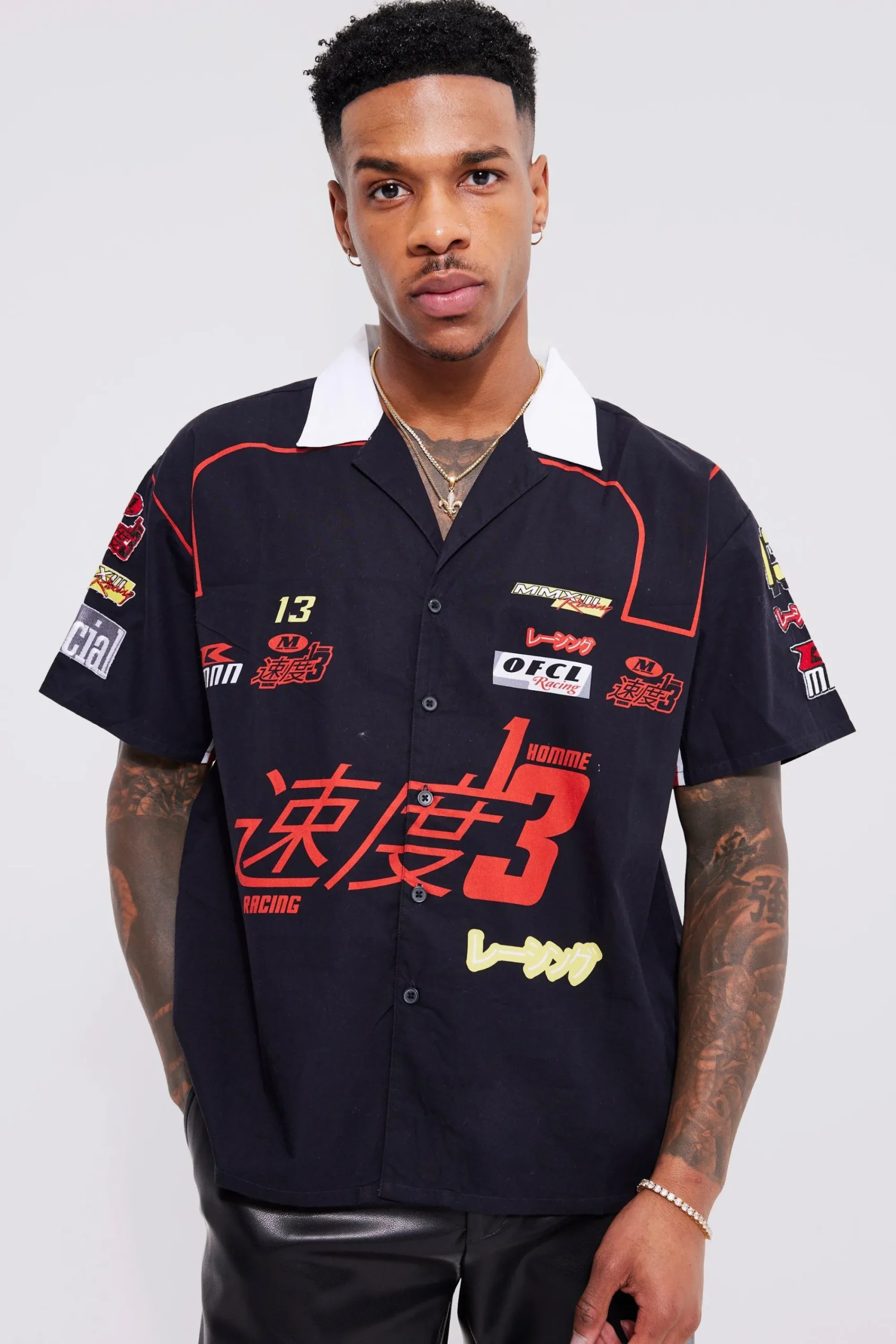 boohooMAN Boxy Cotton Poplin Moto Applique Shirt | UK| Shirts