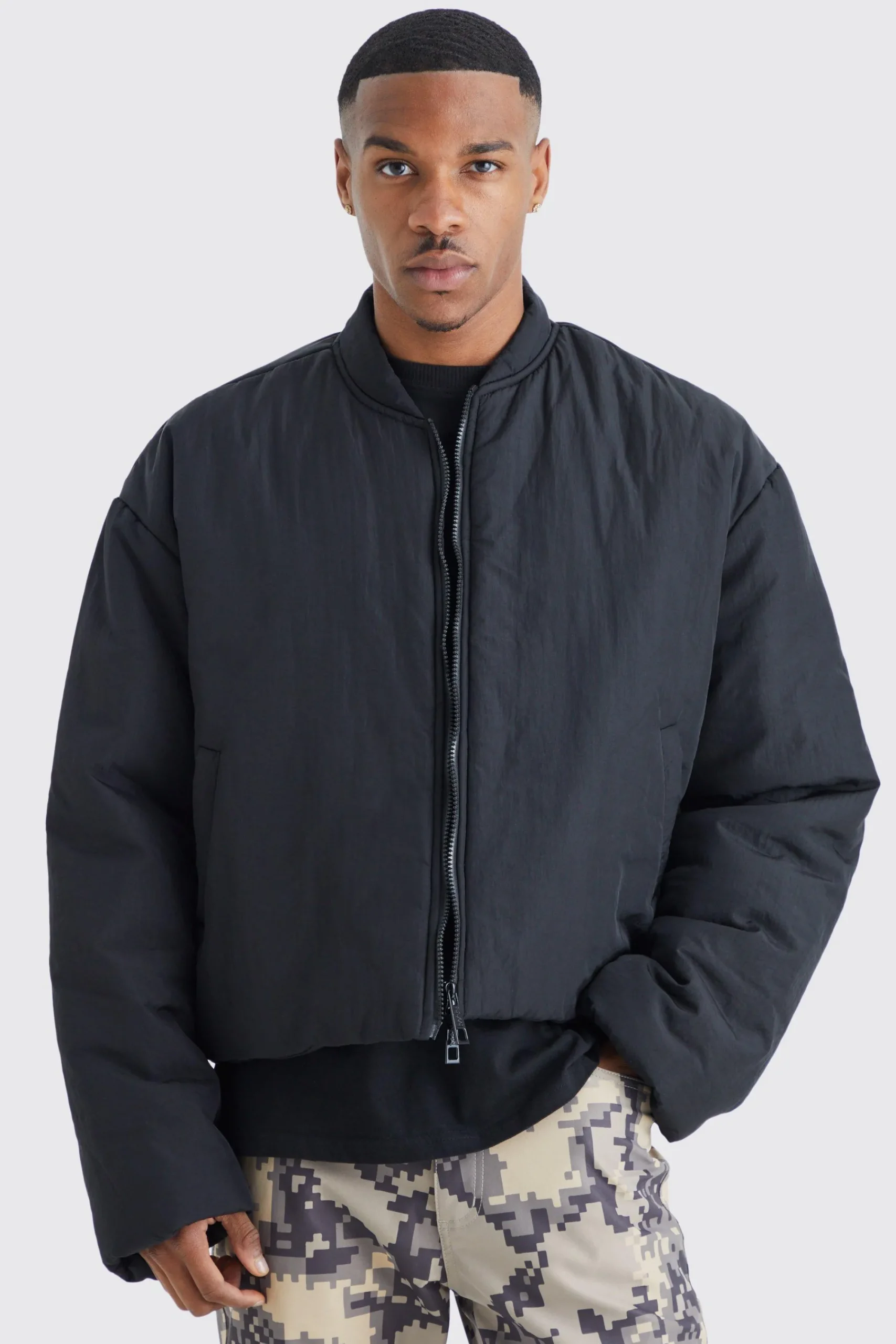 boohooMAN Boxy Crinkle Nylon Puffer Bomber | UK| Coats & Jackets