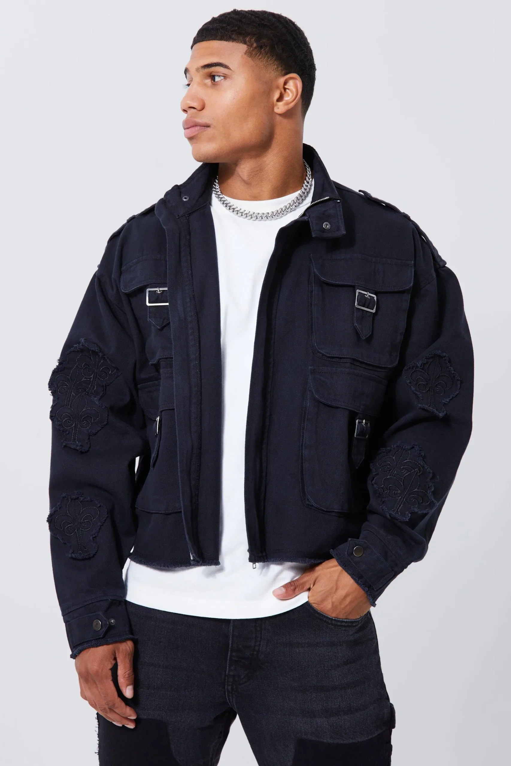 boohooMAN Boxy Distressed Cross Applique Twill Jacket | UK| Coats & Jackets