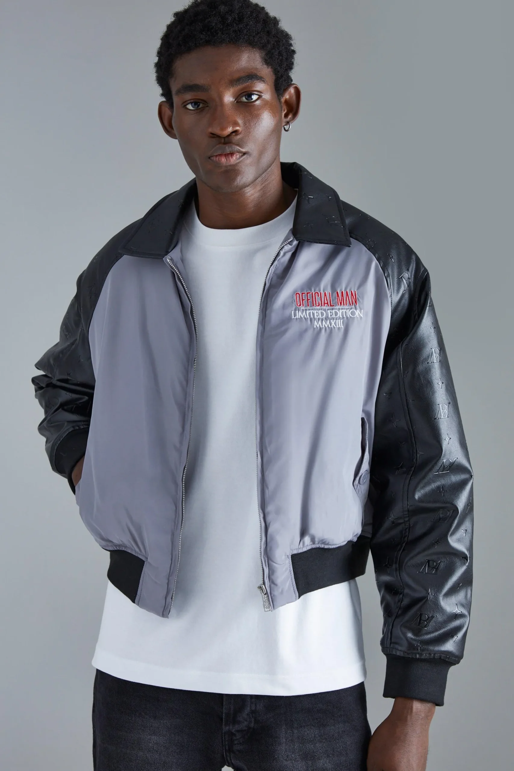 boohooMAN Boxy Embossed Pu & Contrast Nylon Bomber | UK| Coats & Jackets