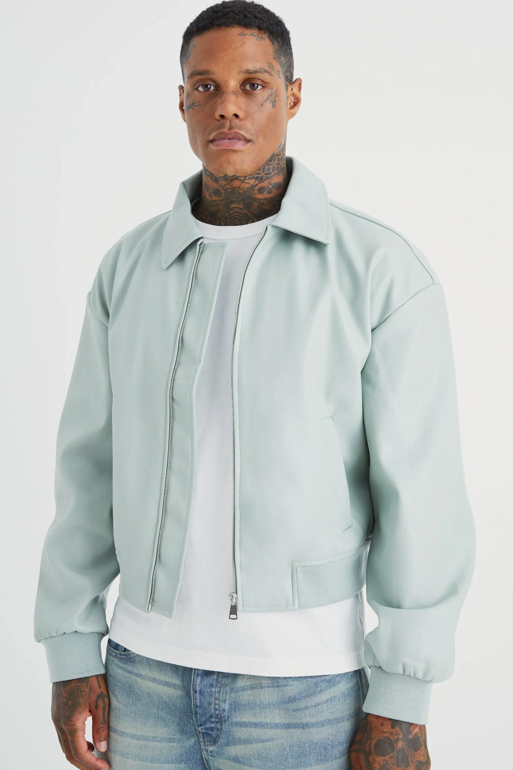 boohooMAN Boxy Embossed Pu Collared Bomber | UK| Coats & Jackets