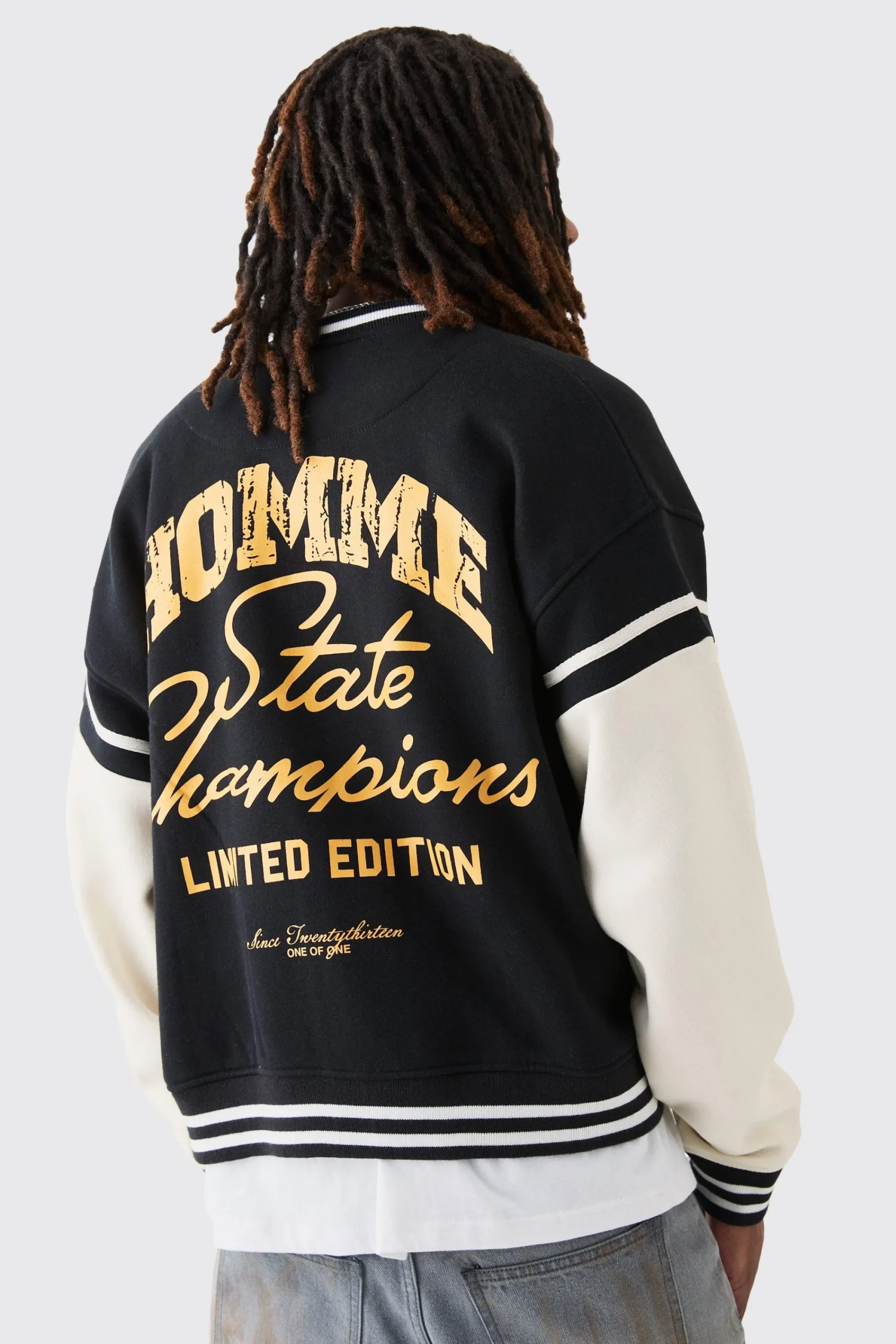 boohooMAN Boxy Embroidered Jersey Varsity Jacket | UK| Coats & Jackets