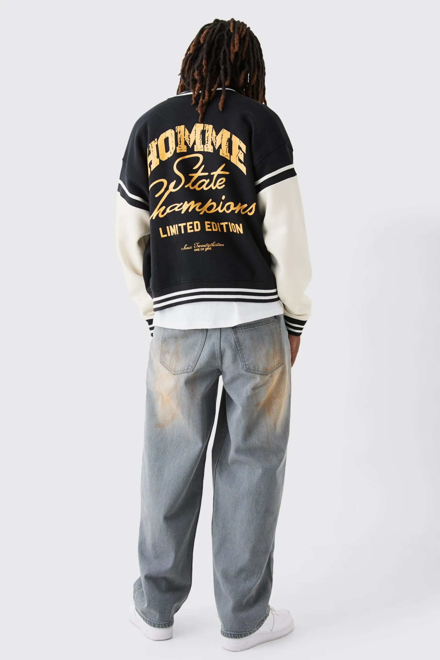 boohooMAN Boxy Embroidered Jersey Varsity Jacket | UK| Coats & Jackets