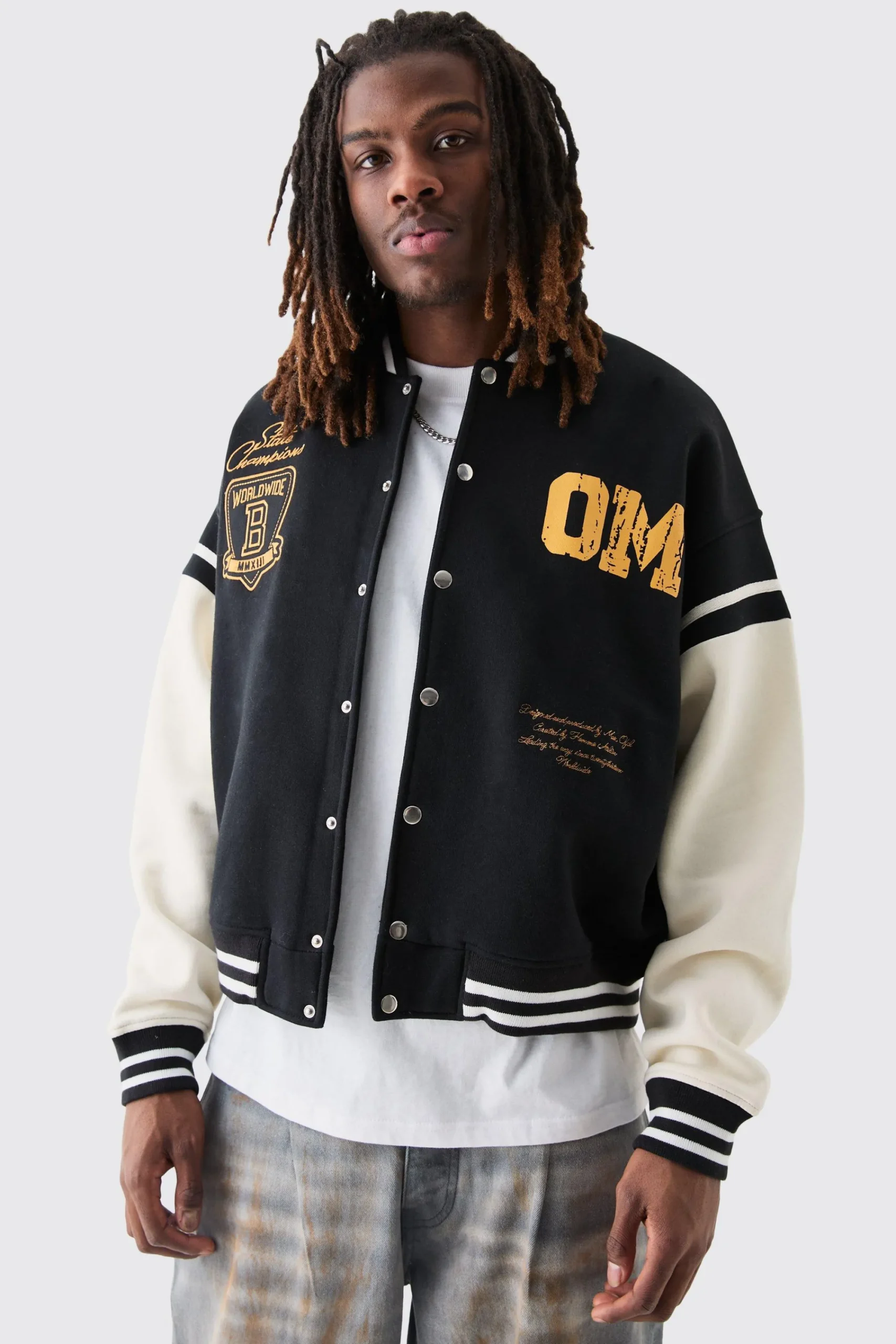 boohooMAN Boxy Embroidered Jersey Varsity Jacket | UK| Coats & Jackets